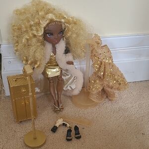 Gold Fashion Doll with Blonde Curly Hair and Accessories
